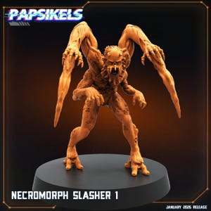 May include: A detailed, orange-brown, 3D printed miniature of a Necromorph Slasher from the Dead Space video game series. The figure has four arms, a gaping maw, and a menacing expression. The figure is standing on a circular base.