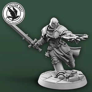 May include: A gray plastic miniature figurine of a knight in armor holding a sword and a crossbow. The knight is wearing a helmet and a cape. The figurine is standing on a gray base.