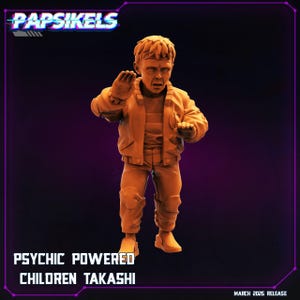 May include: Orange plastic figurine of a young boy with a surprised expression, wearing a jacket and pants. The figurine is titled "Psychic Powered Children Takashi".