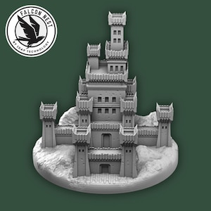 May include: A gray 3D printed castle model with a detailed design, featuring towers, walls, and a gate. The castle is set on a circular base.