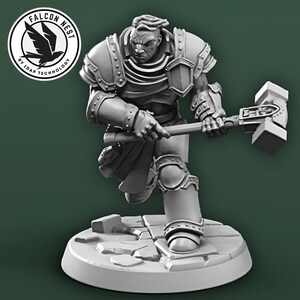 May include: A gray figurine of a warrior in armor, holding a large hammer. The figure is on a circular base with a broken stone design. The Falcon Nest logo is in the upper left corner.