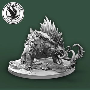 May include: A detailed miniature of a monstrous creature with sharp teeth, horns, and a spiky back. The creature is posed in a charging stance, with its mouth open and its claws extended. The miniature is painted in a gray color and is set on a circular base.