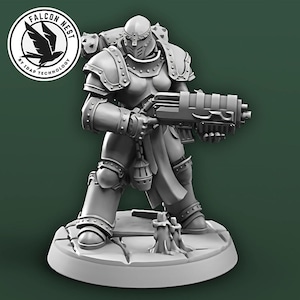 May include: A gray plastic miniature figurine of a space marine wearing power armor and holding a futuristic weapon. The figurine is standing on a round base.
