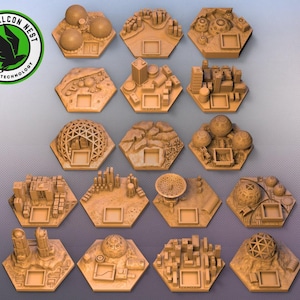 May include: Set of 16 hexagonal game tiles featuring various futuristic cityscapes and structures. Each tile has a unique design, including domes, towers, and other architectural elements. The tiles are made of a light brown material and have a textured surface.