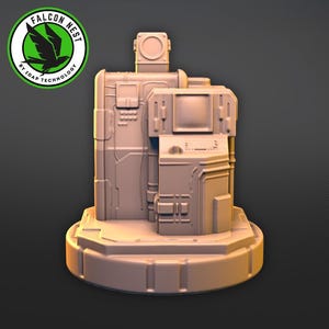 May include: A 3D printed model of a futuristic computer terminal with a monitor, a control panel, and a satellite dish. The model is painted in a light brown color and is sitting on a circular base.