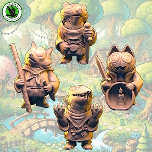 May include: Four hand-painted figurines of anthropomorphic animals. Each figurine is wearing clothing and holding a weapon or tool. The figurines are painted in shades of brown and beige.