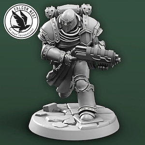 May include: A gray plastic miniature figurine of a space marine wearing armor and holding a gun. The figurine is standing on a gray plastic base.