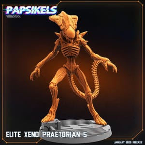 May include: A detailed, orange-brown plastic miniature of an alien creature with a long tail and a skeletal structure. The miniature is standing on a gray base with the text "ELITE XENO PRAETORIAN - 5" and "JANUARY 2025 RELEASE".