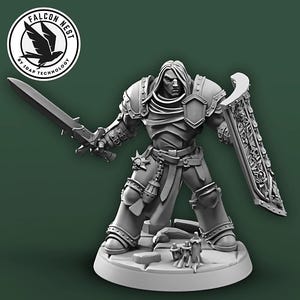 May include: A gray plastic miniature figurine of a knight in armor holding a sword and shield. The knight is wearing a helmet and has a long, flowing cape. The figurine is standing on a round base.
