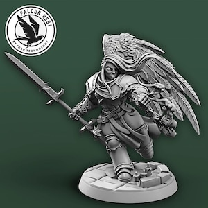 May include: A gray, detailed miniature figurine of a female warrior with feathered wings, holding a sword and a shield. The figurine is standing on a circular base.