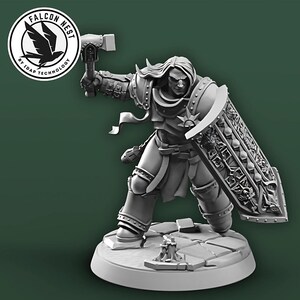 May include: A gray plastic miniature figurine of a warrior wearing armor and holding a shield and a hammer. The warrior has long hair and a beard. The figurine is standing on a round base.