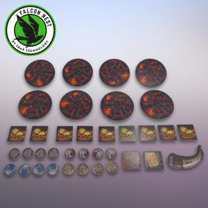 May include: A set of 8 round game tiles with a fiery skull design, 8 square game tiles with a skull design, 24 round game tokens, a horn, and 2 rectangular game cards. The tiles are black with red and orange flames and skulls. The tokens are silver, gold, and blue. The cards are white with black text. The horn is brown and has a textured surface. The game tiles and tokens are arranged in a grid pattern. The cards are placed below the tiles. The horn is placed to the right of the cards.