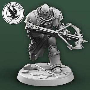 May include: A gray, detailed miniature figure of a warrior wearing armor and holding a crossbow. The figure is standing on a gray, textured base.