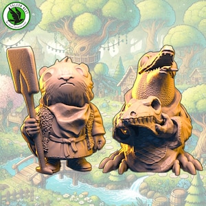 May include: Two 3D printed figurines, one of a small, furry creature holding a shovel and the other of a creature with a skull in its hands. Both figurines are painted in a light brown color.