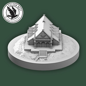 May include: A white 3D printed model of a building with a pointed roof and a large entrance. The building is on a circular base and is surrounded by a small hill.