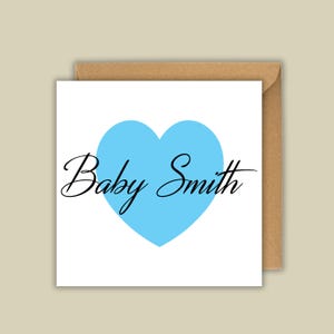 Tarjeta de apellido para bebé recién nacido con corazón azul / Baby shower, recién nacido, bebé, nieto, nieta, nacimiento, personalizada / Mensaje opcional en el interior