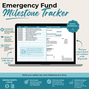 May include: A digital Emergency Fund Milestone Tracker spreadsheet displayed on a laptop screen. The interface includes a savings log with dates, amounts, and notes, alongside a progress section for tracking financial goals and milestones.