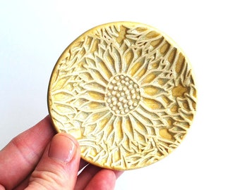 Handmade Ceramic Sunflower Dish: Yellow Pottery Ring Holder