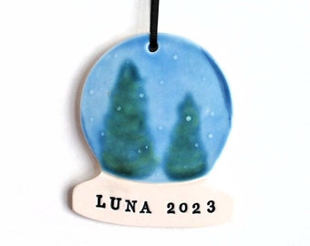 Snow Globe Ornament, Personalized, Ceramic, Pottery, Handmade - Customized Ornament - Kid, Child, Baby, Family Ornament