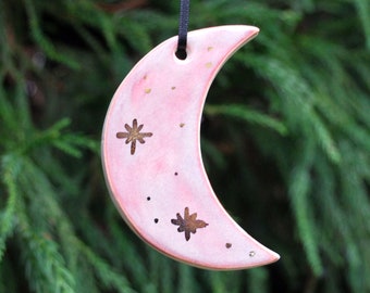 Custom Moon Ornament, Pink Moon, Gold, Blue Moon, Ceramic, Pottery, Handmade - Crescent Moon - Christmas Ornament - Holiday Gift