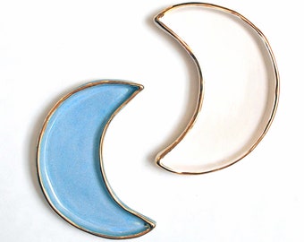 Moon Ring Dish, Gold Luster Edge, Crescent Moon Dish, Jewelry Dish, Engagement Gift, Ceramic Ring Bowl, White, Blue - Lauren Sumner Pottery