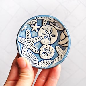 May include: A small, round, blue ceramic dish featuring raised white seashell and starfish designs. The dish has a light blue background and is decorated with various sea creatures, including starfish and sand dollars.