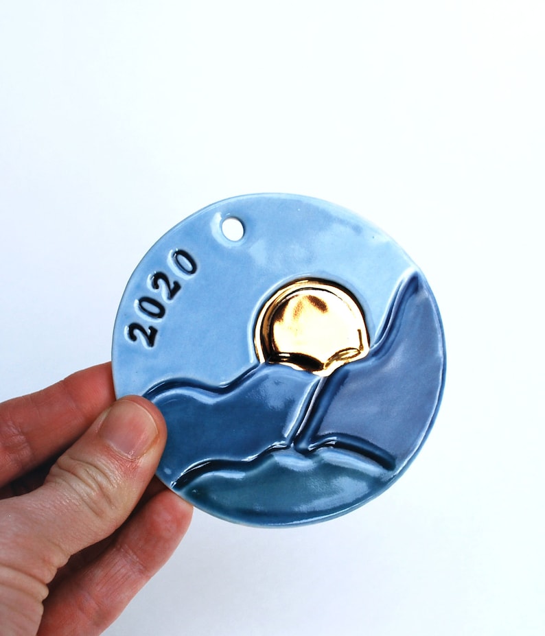 Baby Kid Customized Family Ornament Ceramic Blue Ridge Mountain Sun Ornament Personalized Golden Sun Handmade Child Pottery