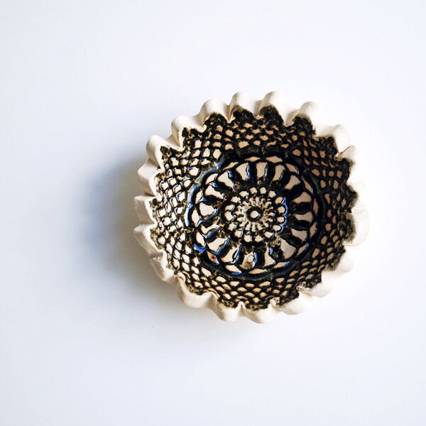 Tiny Black & White Lace Bowl, Ring Dish, Ceramic, Pottery, Bridesmaid Gift, Wedding or Shower Favor, Jewelry Dish, Tea Bag Rest, Ring Holder