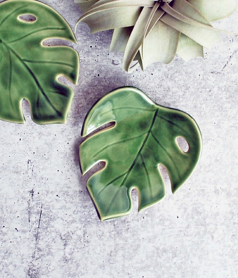 Green Monstera leaf shaped ceramic bowl. Has cutouts similar to a real Monstera leaf. Handmade by Lauren Sumner Pottery.