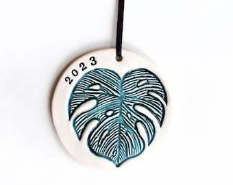 Monstera Leaf Ornament, 2023, Personalized, Ceramic, Pottery, Porcelain - Tropical Leaf, Christmas Tree Ornament - Lauren Sumner Pottery