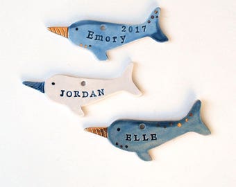 Narwhal Ornament, Personalized, Ceramic, Pottery, Kids, Baby, Child Ornament, Porcelain stamped with name, Custom Narwhal Christmas Ornament