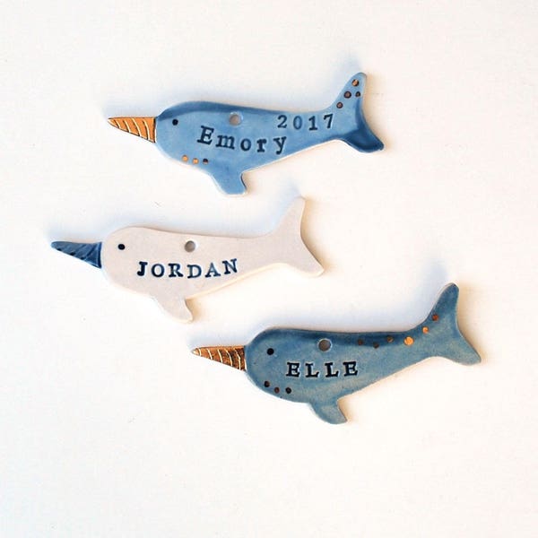 Personalized Narwhal Ornament: Custom Stamped Porcelain, Child's Gift