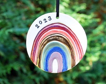 Rainbow 2023 Ornament, Personalized, Ceramic, Pottery, Handmade - Customized Ornament - Kid, Child, Baby, Family Ornament