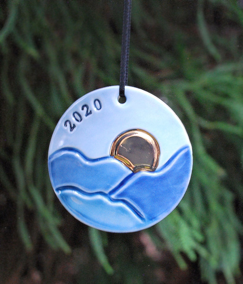 Baby Kid Customized Family Ornament Ceramic Blue Ridge Mountain Sun Ornament Personalized Golden Sun Handmade Child Pottery
