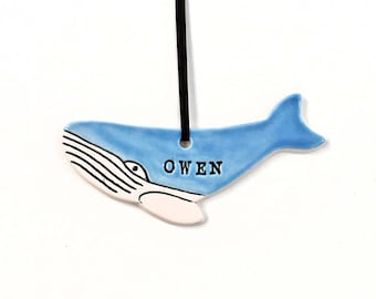 Whale Ornament, Personalized, Ceramic, Pottery, Handmade - Customized Ornament - Family Ornament, Blue Whale