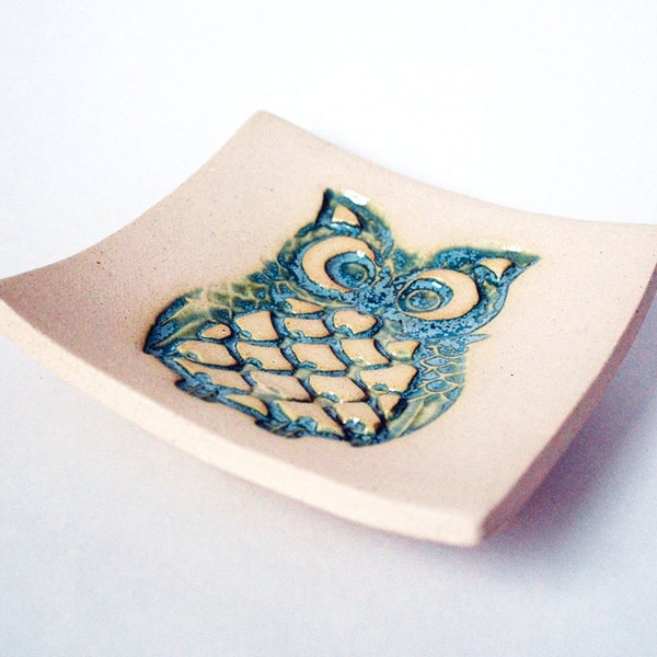 Aqua Owl Soap Dish, Spoon Rest, Jewelry Dish, Key Dish, Ceramic, Pottery, Makes a great gift