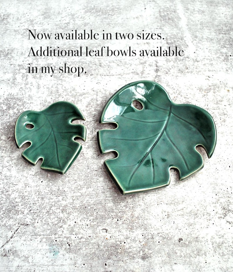 May include: Two green ceramic leaf-shaped bowls. The larger bowl is about 7 inches long and the smaller bowl is about 4 inches long.  Now available in two sizes. Additional leaf bowls available in my shop.