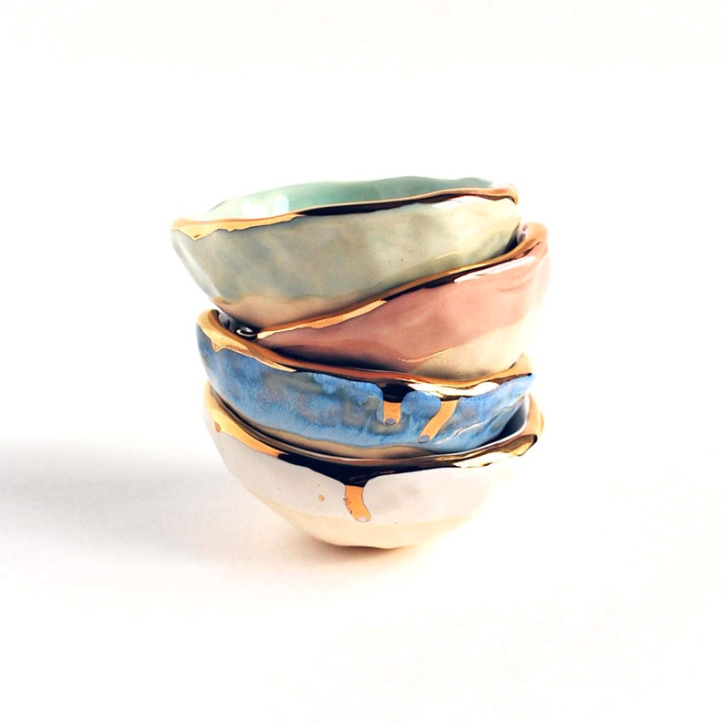 Colorful Gold Ring Dish, Gold Luster Edge, Jewelry Dish, Engagement Gift, Ceramic Ring Bowl, Green, Blue Lauren Sumner Pottery image 6