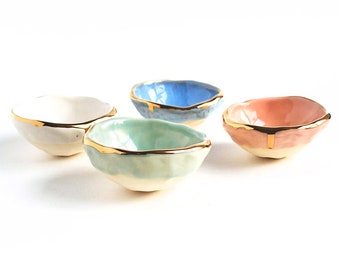 Colorful Gold Ring Dish, Gold Luster Edge, Jewelry Dish, Engagement Gift, Ceramic Ring Bowl, Green, Blue - Lauren Sumner Pottery