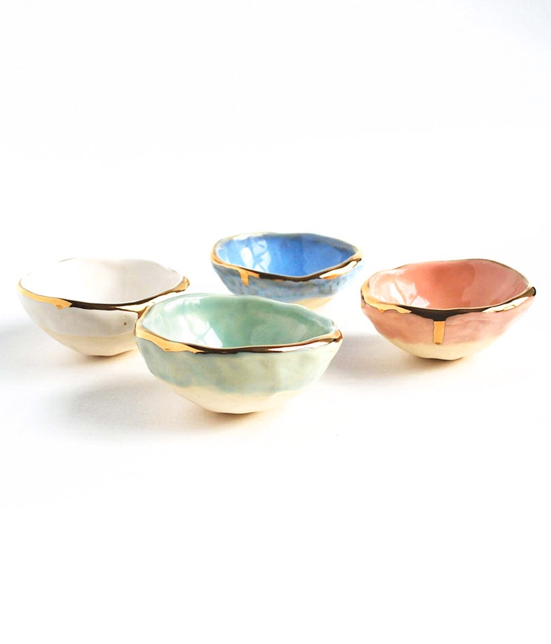 Colorful Gold Ring Dish, Gold Luster Edge, Jewelry Dish, Engagement Gift, Ceramic Ring Bowl, Green, Blue Lauren Sumner Pottery image 1