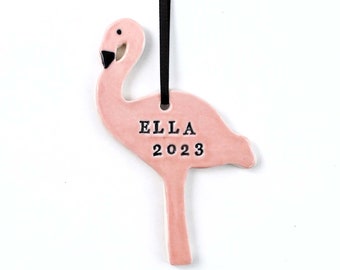 Flamingo Ornament, Ceramic Personalized, Handmade, Pottery - Custom, Cute Flamingo Stamped Name Ornament, Kid, Child, Baby, Family Ornament