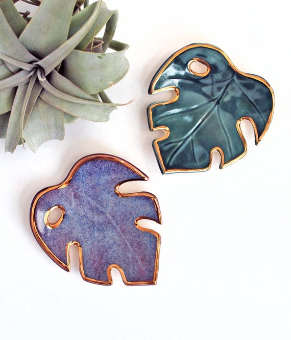 Ceramic Monstera Leaf Ring Dish Gold, Jewelry Storage, Lauren Sumner Pottery