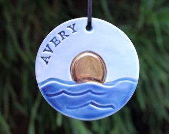 Ocean Sun Ornament, Personalized, Ceramic, Pottery, Handmade, Golden Sun, Beach Ornament, Customized - Kid, Child, Baby, Family Ornament