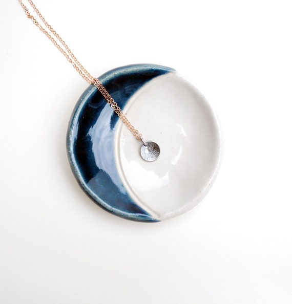 Ceramic Handmade Ring Dish Pottery Stud Holder Tea Bag Rest Blue Moon Dish Jewelry Dish Gifts for Moon Lovers Crescent Moon Decor