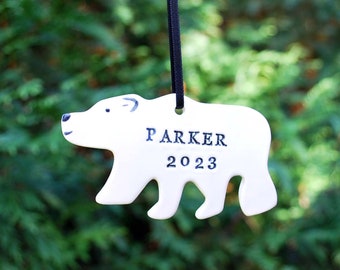 Polar Bear Ornament, Personalized, Ceramic, Pottery, Handmade - Customized Ornament - Family Ornament, Cute Children's Polar Bear