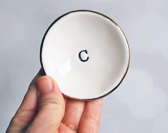 Single Initial Ring Dish: Gold Luster, Ceramic Porcelain Jewelry Bowl, Engagement Gift, Grad Gift, Birthday, Small Pottery Ring Bowl