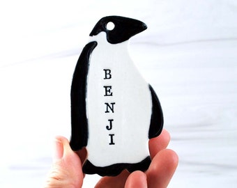 Penguin Ornament, Ceramic Personalized, Handmade, Pottery - Custom, Cute Penguin Stamped Name Ornament, Kid, Child, Baby, Family Ornament