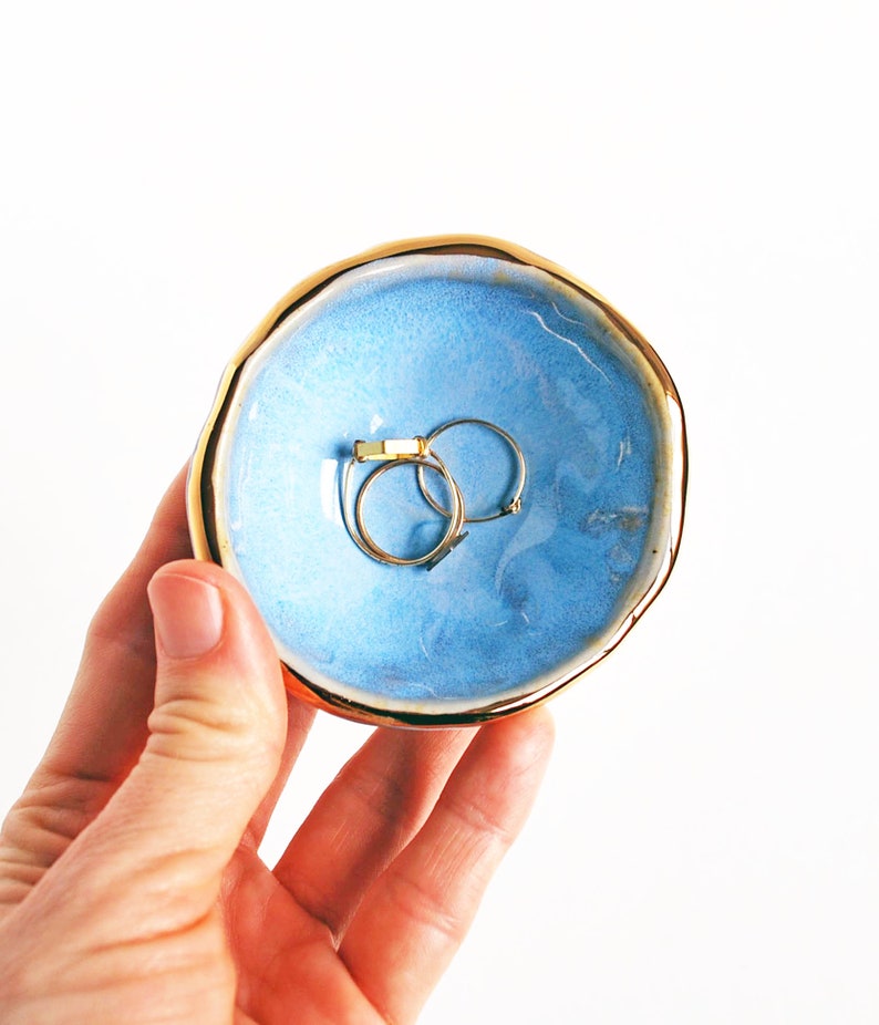 Colorful Gold Ring Dish, Gold Luster Edge, Jewelry Dish, Engagement Gift, Ceramic Ring Bowl, Green, Blue Lauren Sumner Pottery image 10