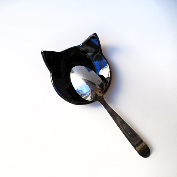 Black Cat Spoon Rest, Cat Soap Dish, Ceramic, Pottery, Black Cat Lover Gift, Cat Jewelry Dish, Trinket Dish, Cat Head Shaped Dish