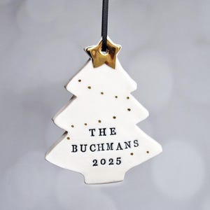 Personalized Christmas Tree Ornament: Handmade Pottery, Custom Family Name